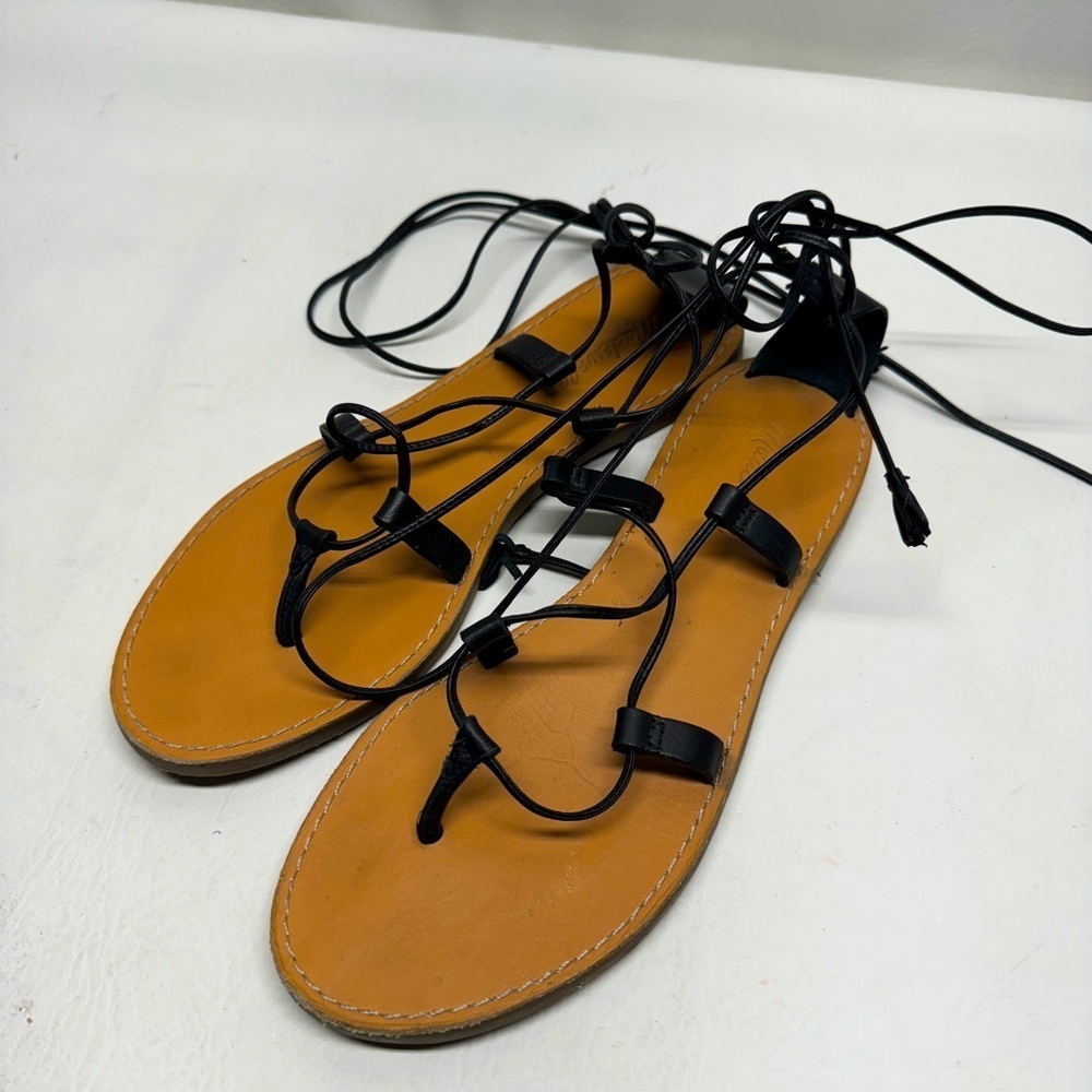 Madewell The Boardwalk Lace-Up Black Tassel Thong Sandals Shoes size 8
